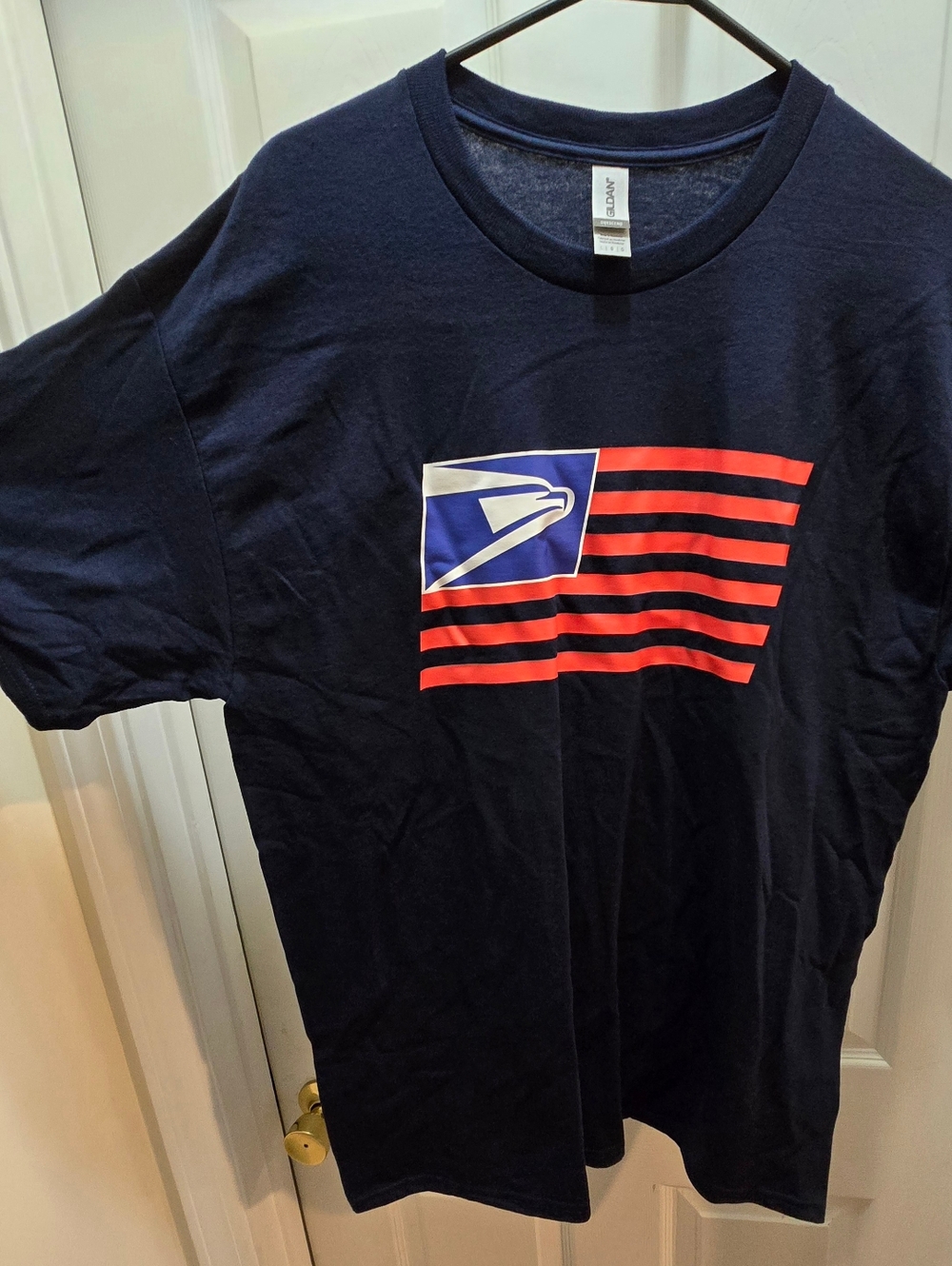 Gildan Navy Short Sleeve Tee with Red & Blue Postal Flag Graphic